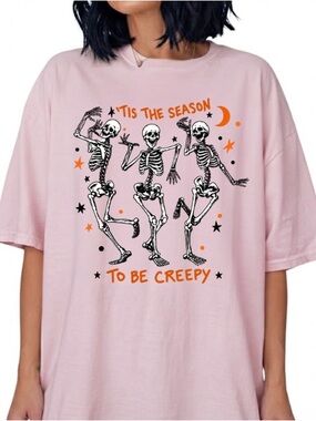 Tis The Season To Be Creepy Skeletons Dancing Halloween Vintage Pink T-Shirt